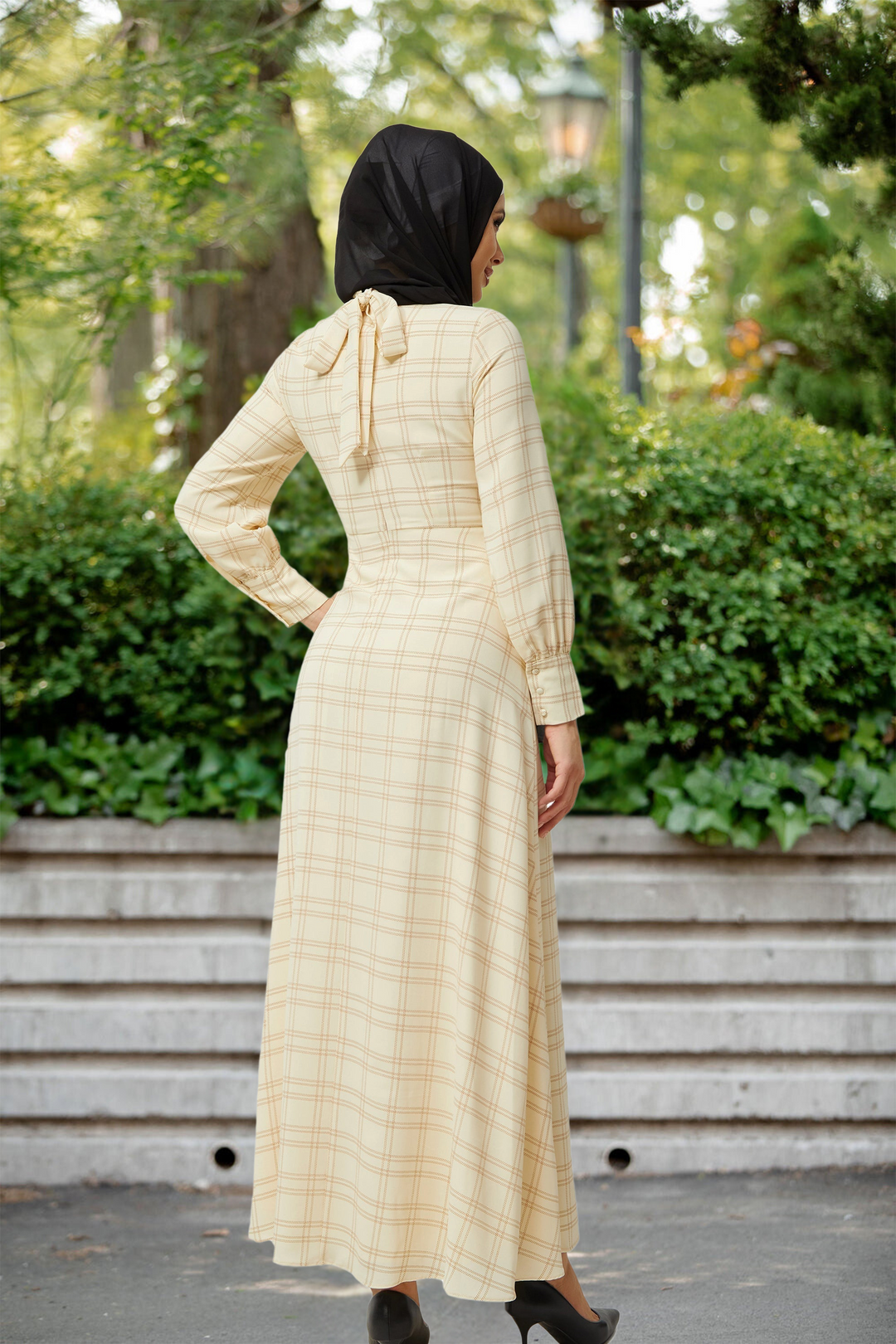 Cream Grid Print Long Sleeve Maxi Dress-CLEARANCE