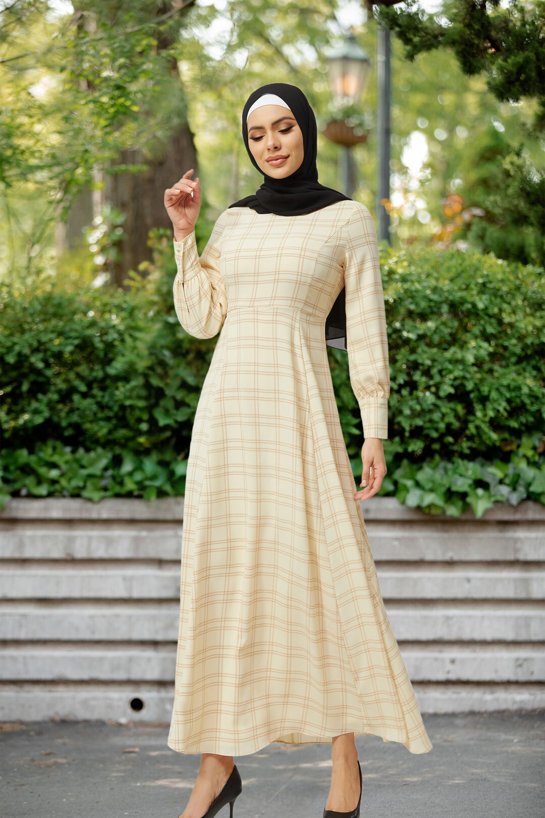 Cream Grid Print Long Sleeve Maxi Dress-CLEARANCE