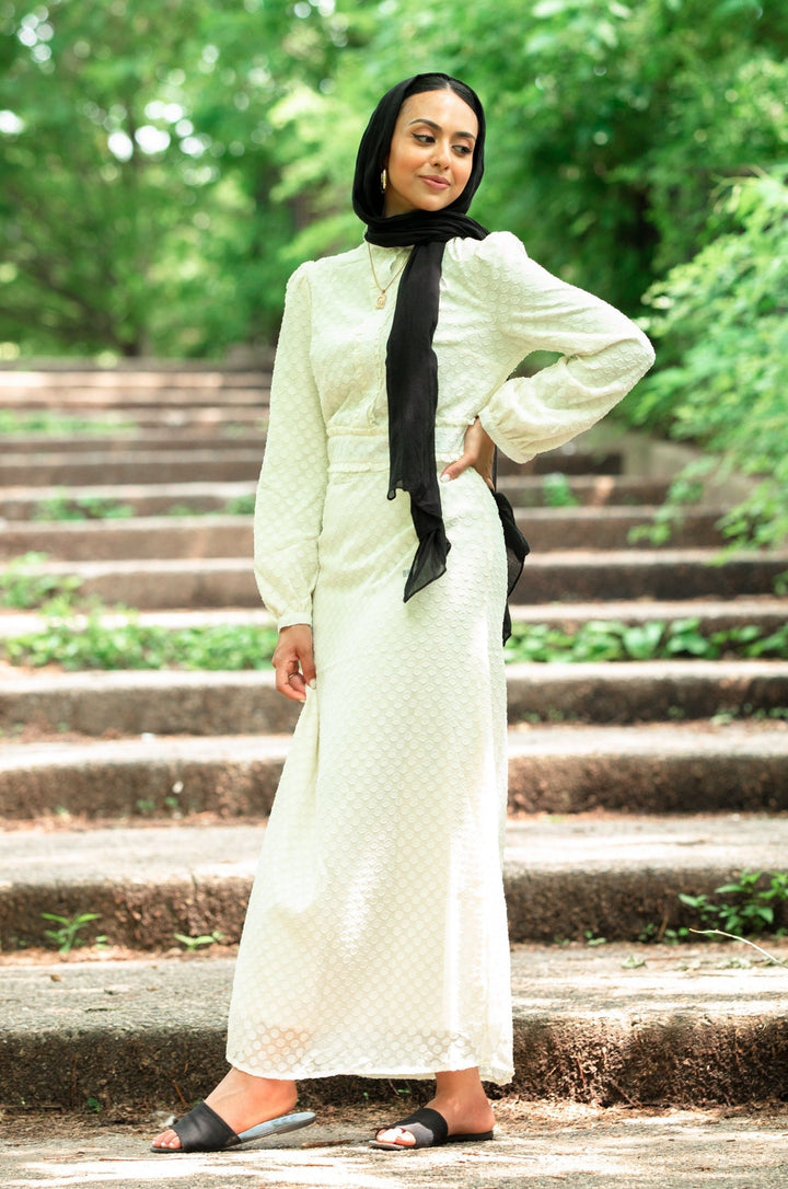 Urban Modesty - Cream Textured Polka Dots Long Sleeve Maxi Dress