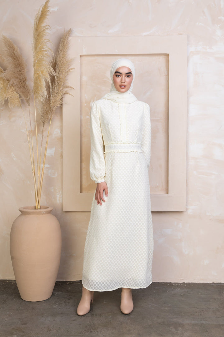 Urban Modesty - Cream Textured Polka Dots Long Sleeve Maxi Dress