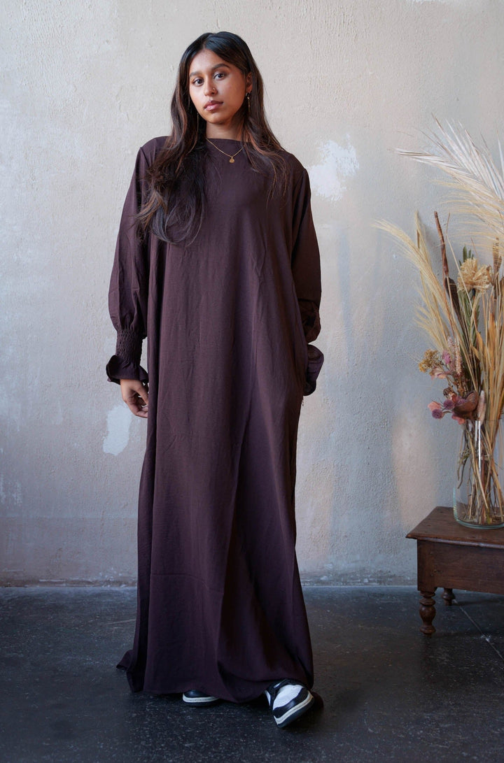 Urban Modesty - Dark Coffee Ruched Cuff Bell Sleeves Abaya Maxi Dress