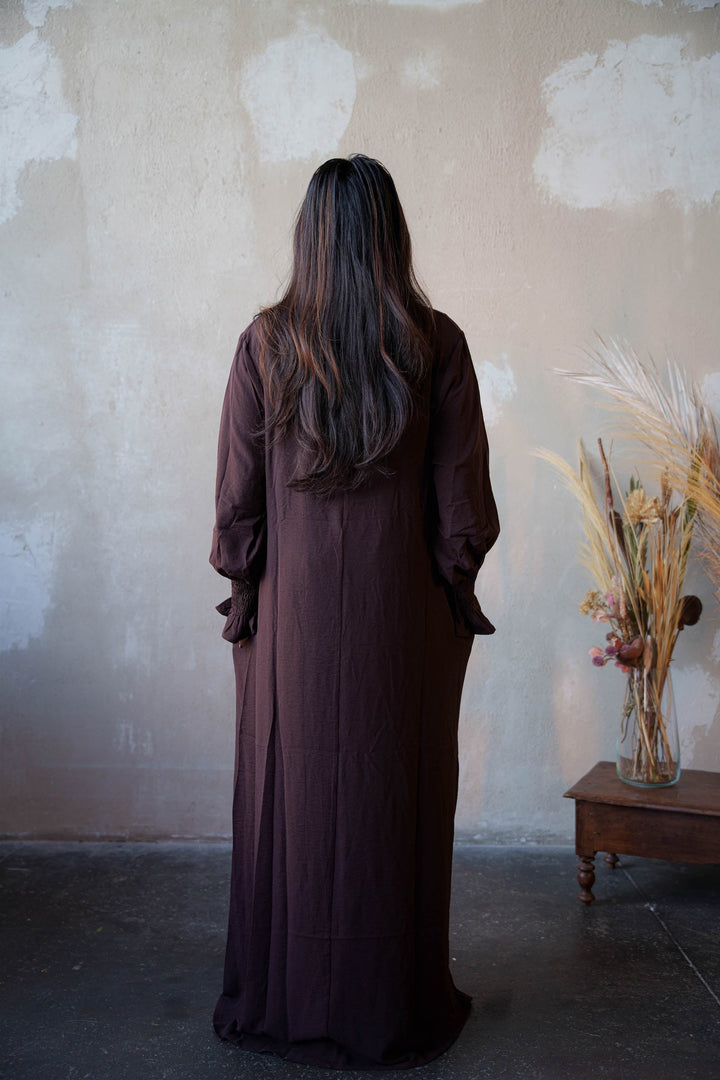Urban Modesty - Dark Coffee Ruched Cuff Bell Sleeves Abaya Maxi Dress