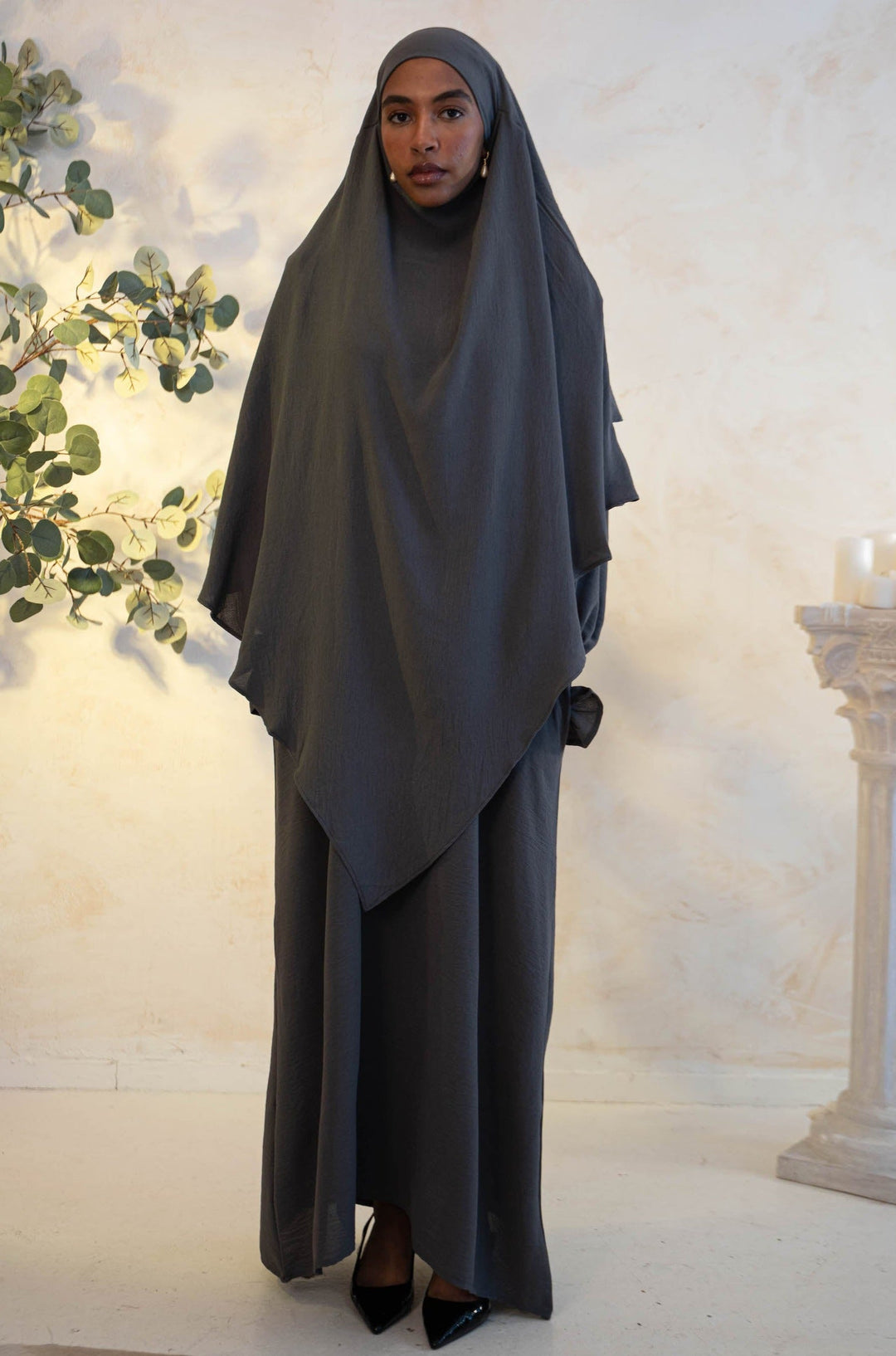 Urban Modesty - Dark Gray Ruched Cuff Bell Sleeves Abaya Maxi Dress