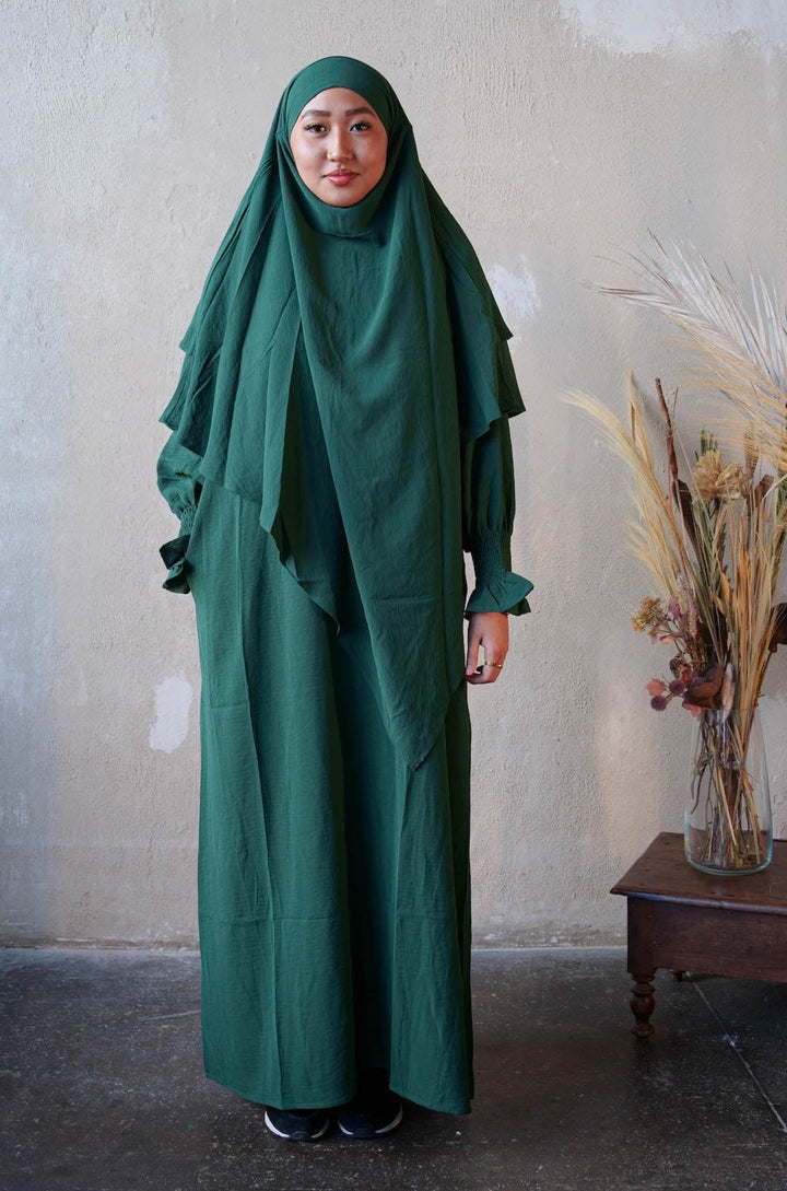 Urban Modesty - Dark Green Ruched Cuff Bell Sleeves Abaya Maxi Dress