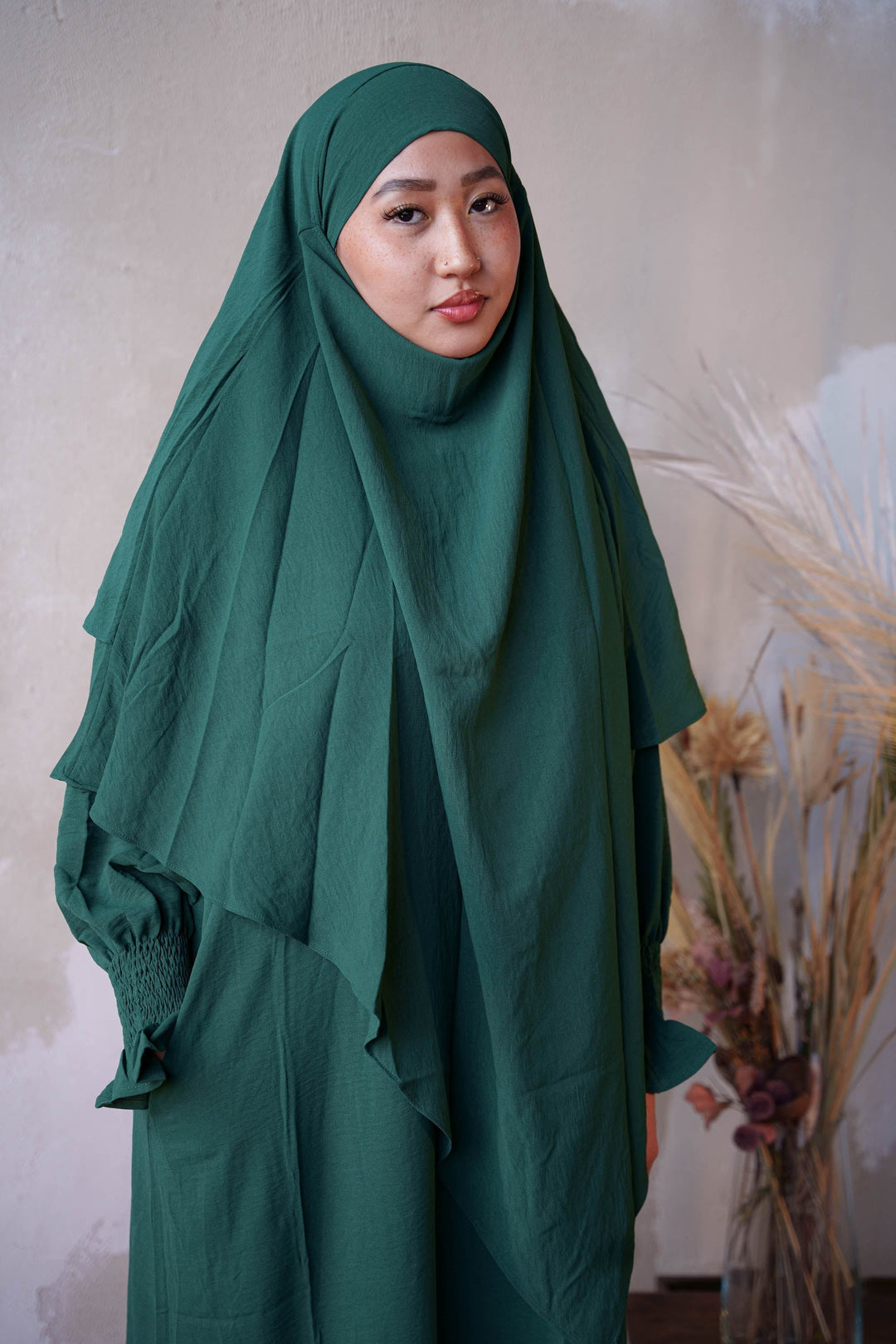 Urban Modesty - Dark Green Ruched Cuff Bell Sleeves Abaya Maxi Dress