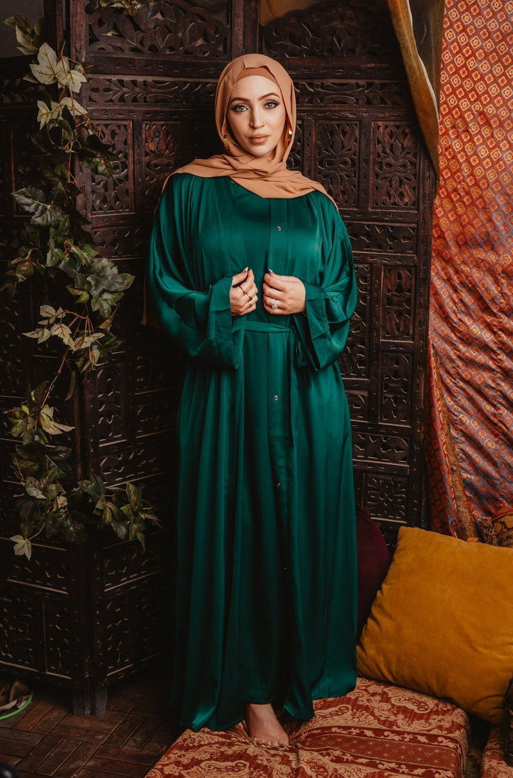 Urban Modesty - Dark Green Sleeveless Dress and Open Abaya Set