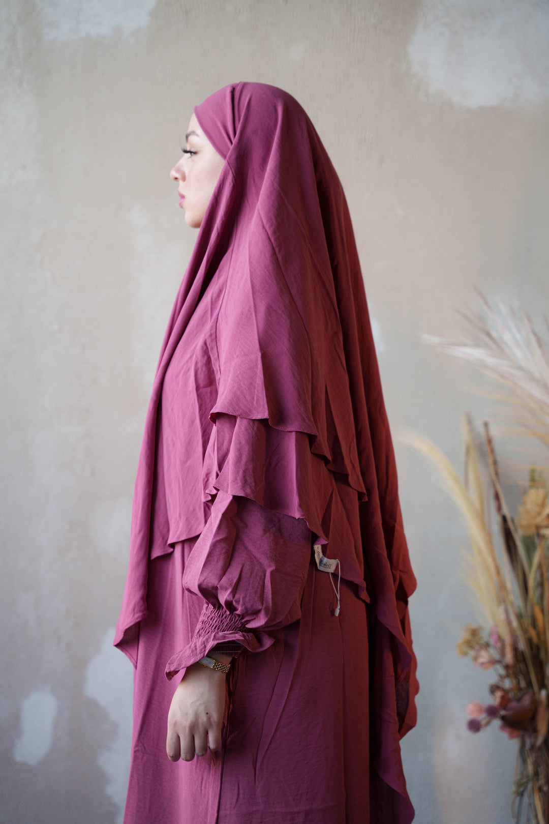Urban Modesty - Dark Pink Ruched Cuff Bell Sleeves Abaya Maxi Dress