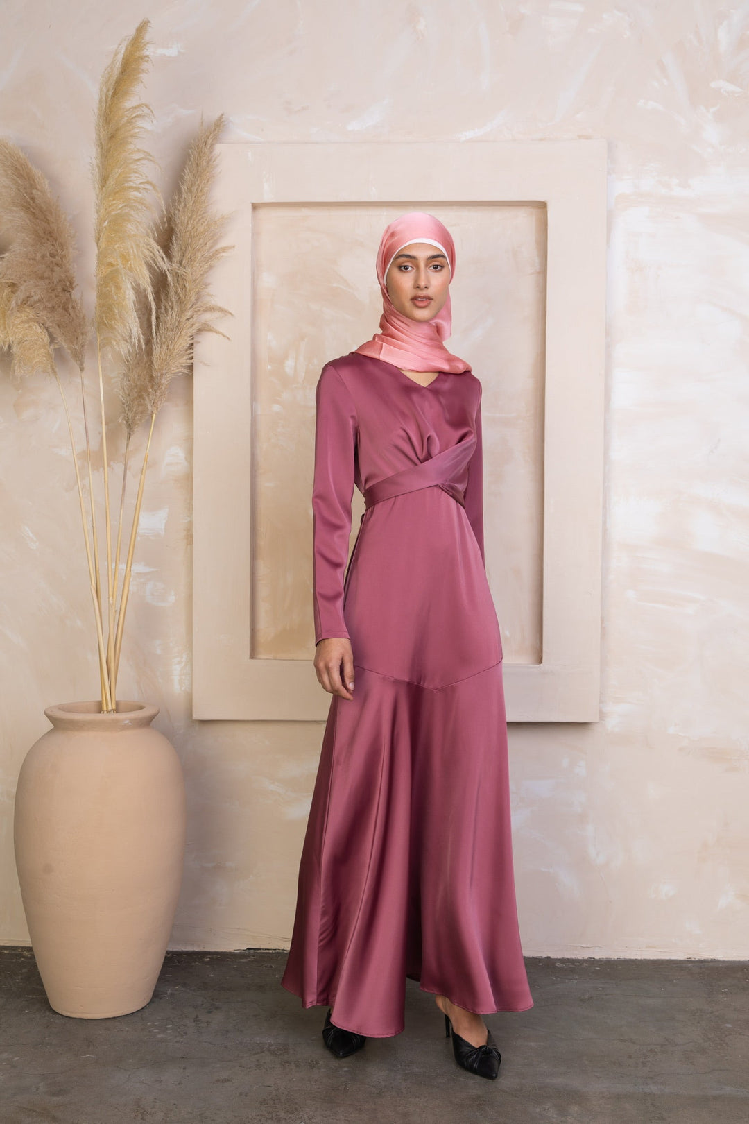 Urban Modesty - Desert Rose Criss Cross Satin Long Sleeve Maxi Dress