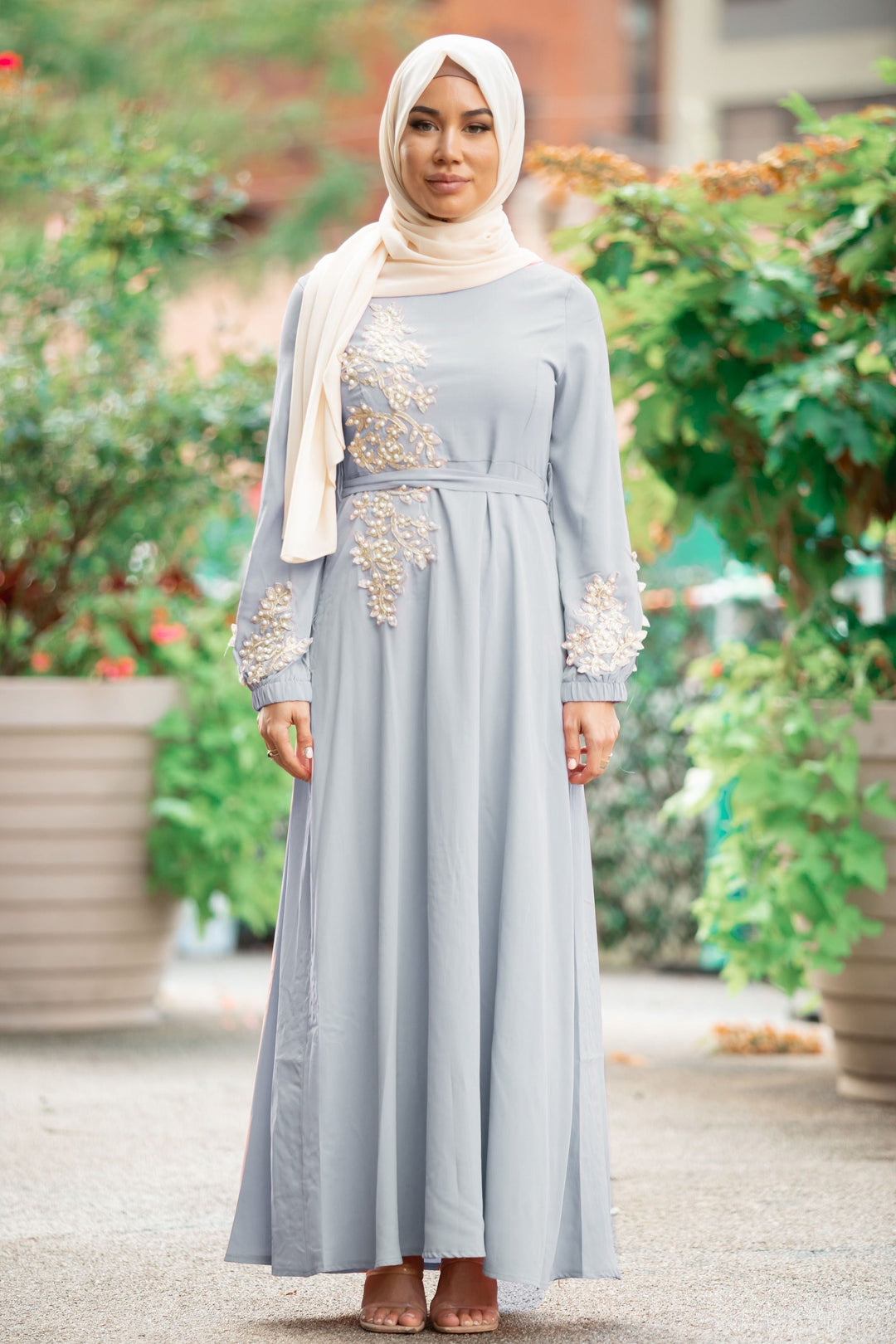 Urban Modesty - Dove Gray Pearl Long Sleeve Evening Gown