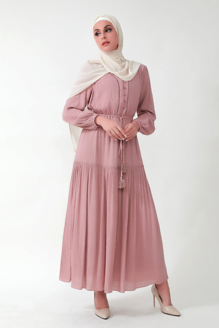 Urban Modesty - Dusty Pink Lace Tiered Boho Drawstring Long Sleeve Maxi Dress