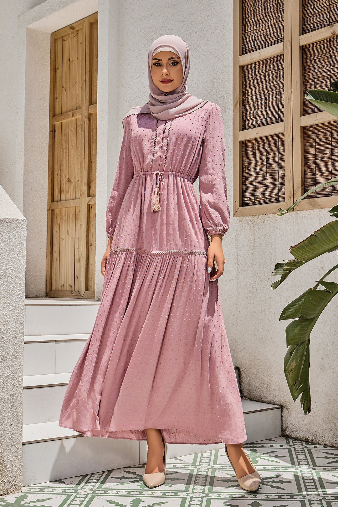 Urban Modesty - Dusty Pink Lace Tiered Boho Drawstring Long Sleeve Maxi Dress