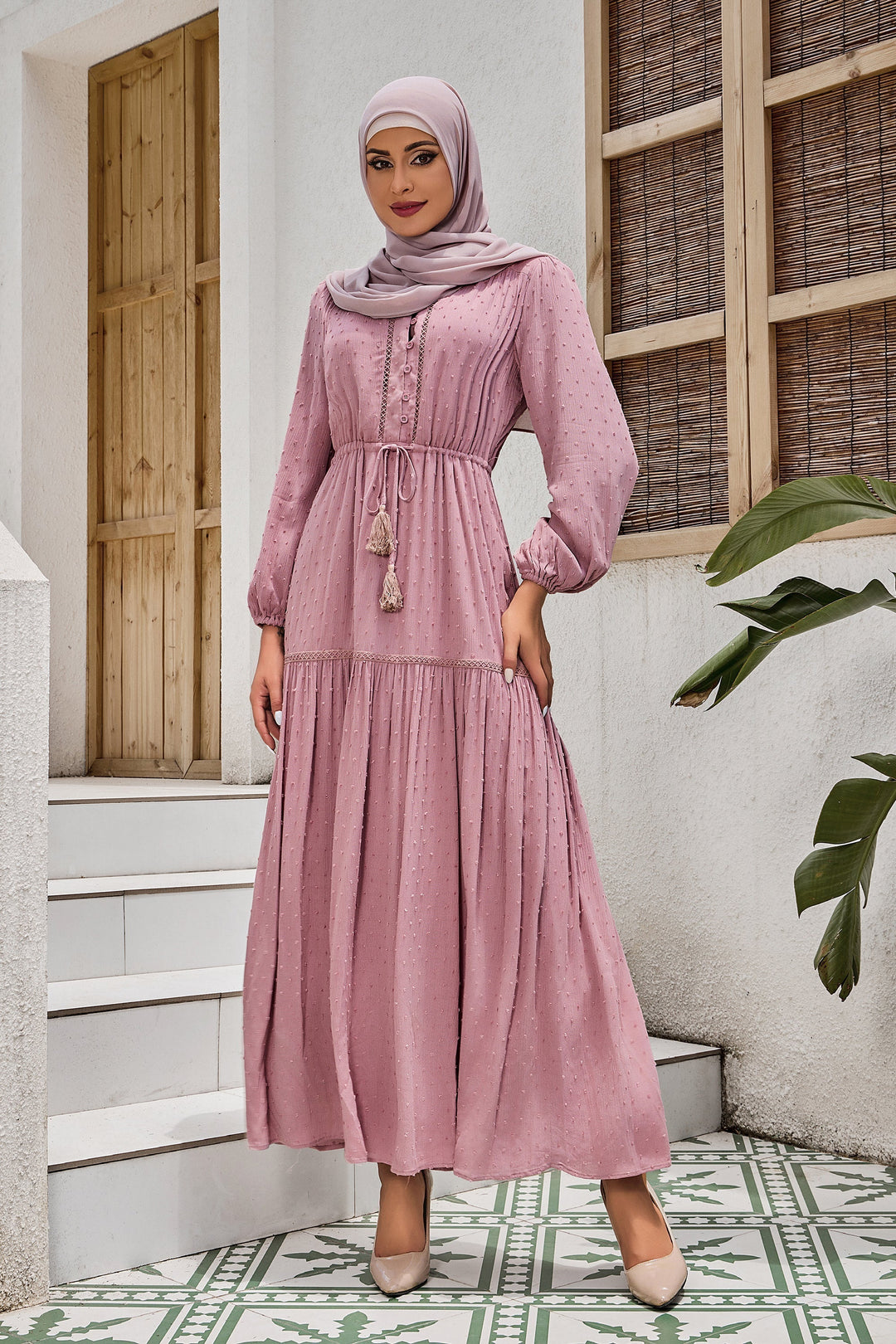Urban Modesty - Dusty Pink Lace Tiered Boho Drawstring Long Sleeve Maxi Dress