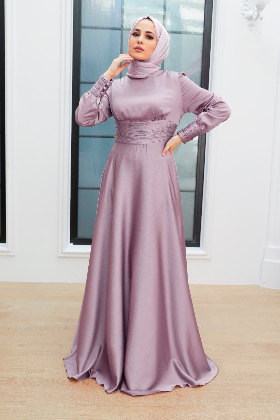 Urban Modesty - Dusty Pink Ruched Waisted Satin Gown