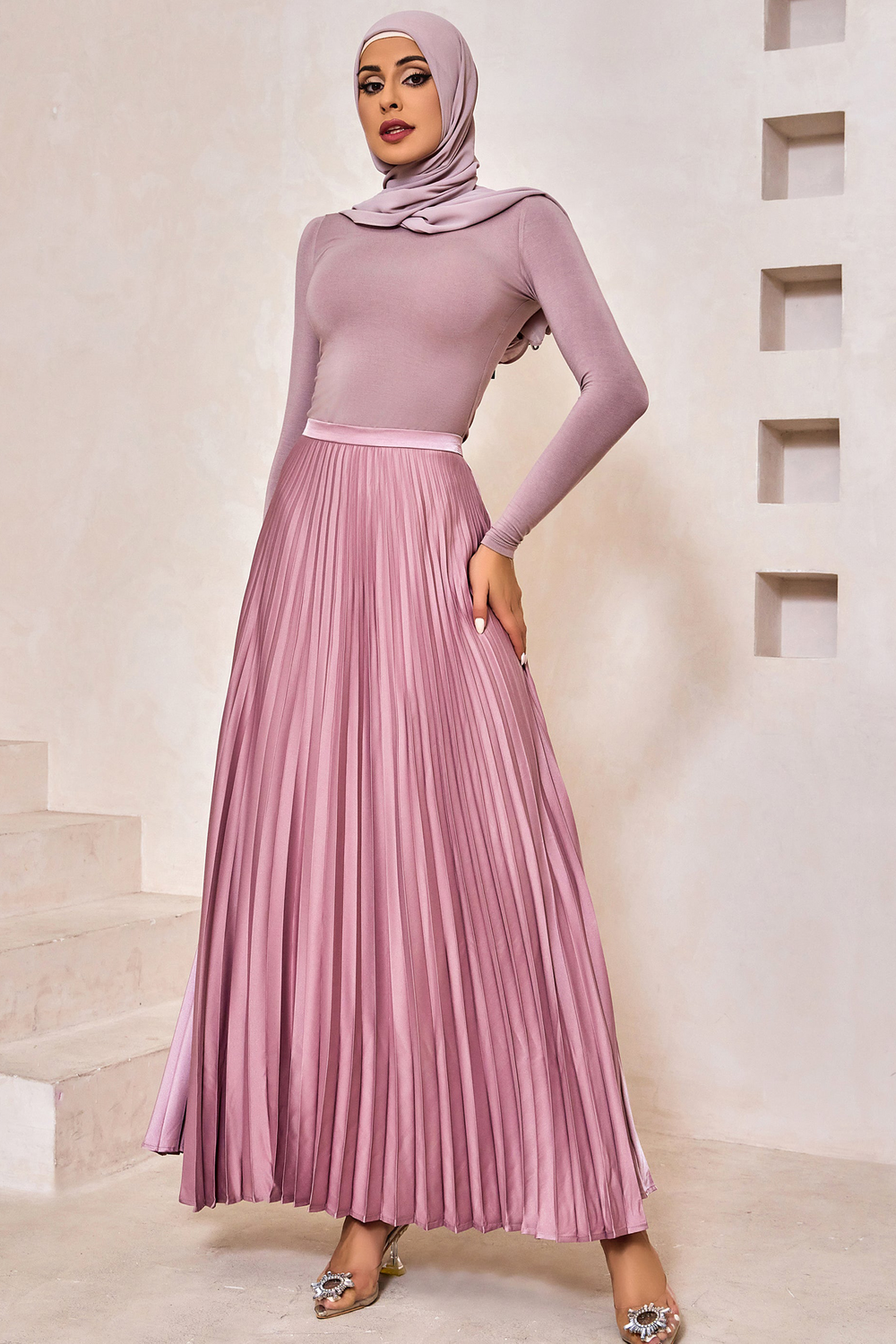 Urban Modesty - Dusty Pink Satin Pleated Maxi Skirt