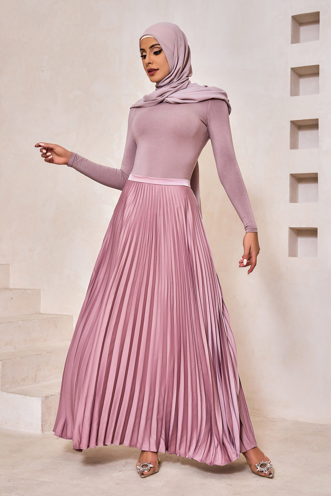 Urban Modesty - Dusty Pink Satin Pleated Maxi Skirt