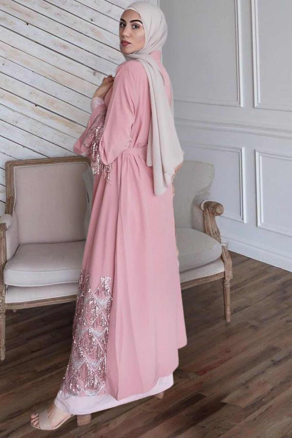 Urban Modesty - Dusty Pink Sequin Fringe Open Front Abaya