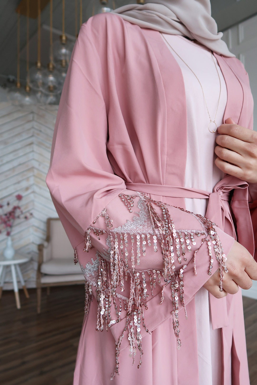 Dusty Pink Sequin Fringe Open Front Abaya-CLEARANCE