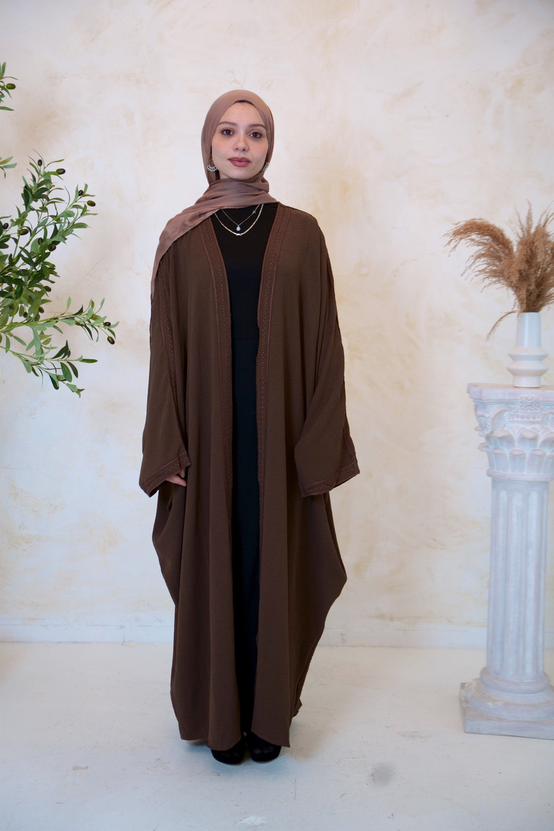 Embroidered Trim Open Front Abaya