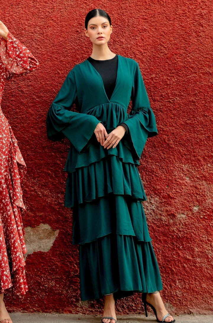 Urban Modesty - Emerald Green Cascading Ruffles Open Front Abaya-CLEARANCE