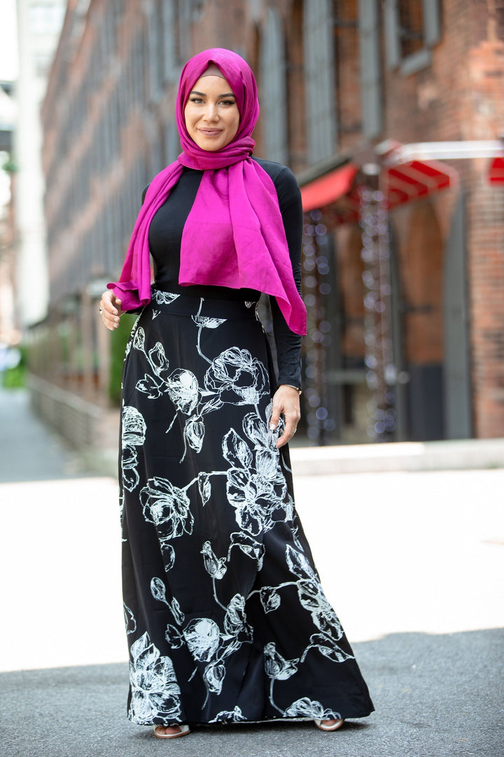 Urban Modesty - Floral Lines Black and White Maxi Skirt