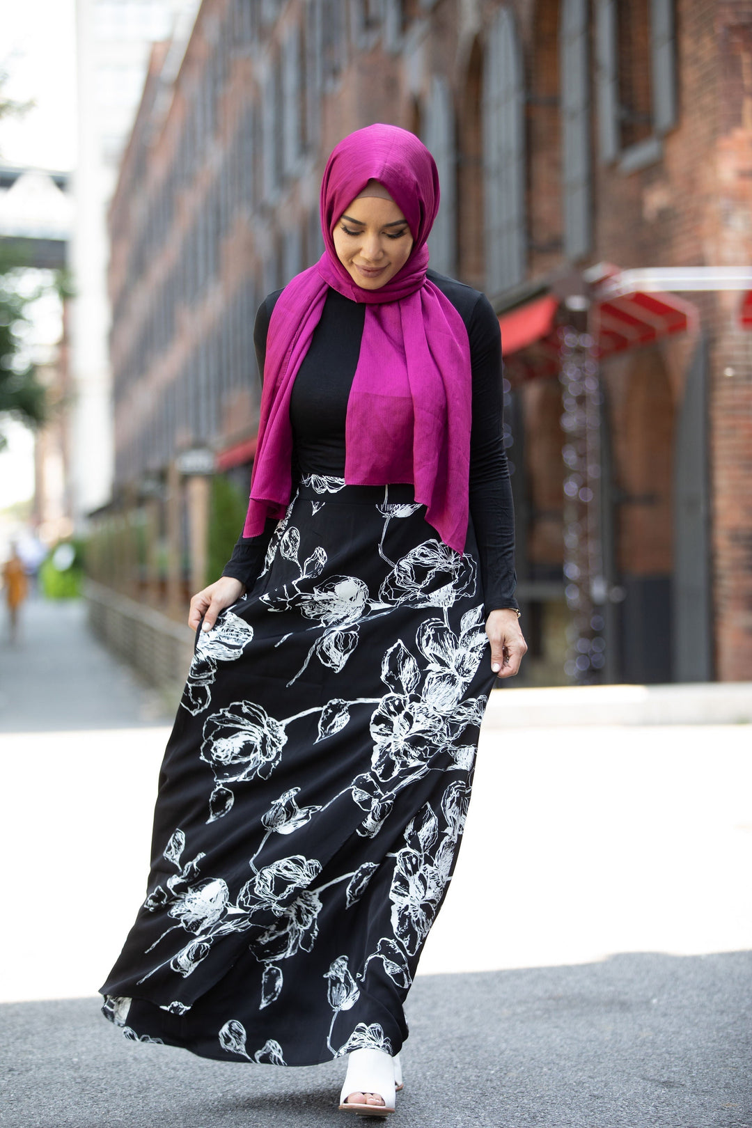 Urban Modesty - Floral Lines Black and White Maxi Skirt