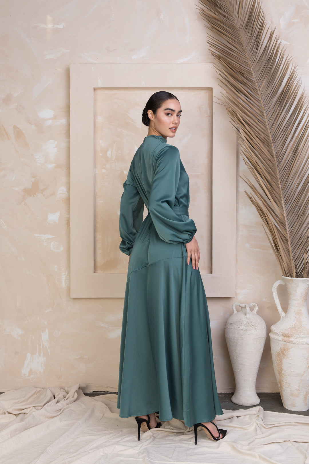 Urban Modesty - Forest Green Satin Long Sleeve Maxi Dress