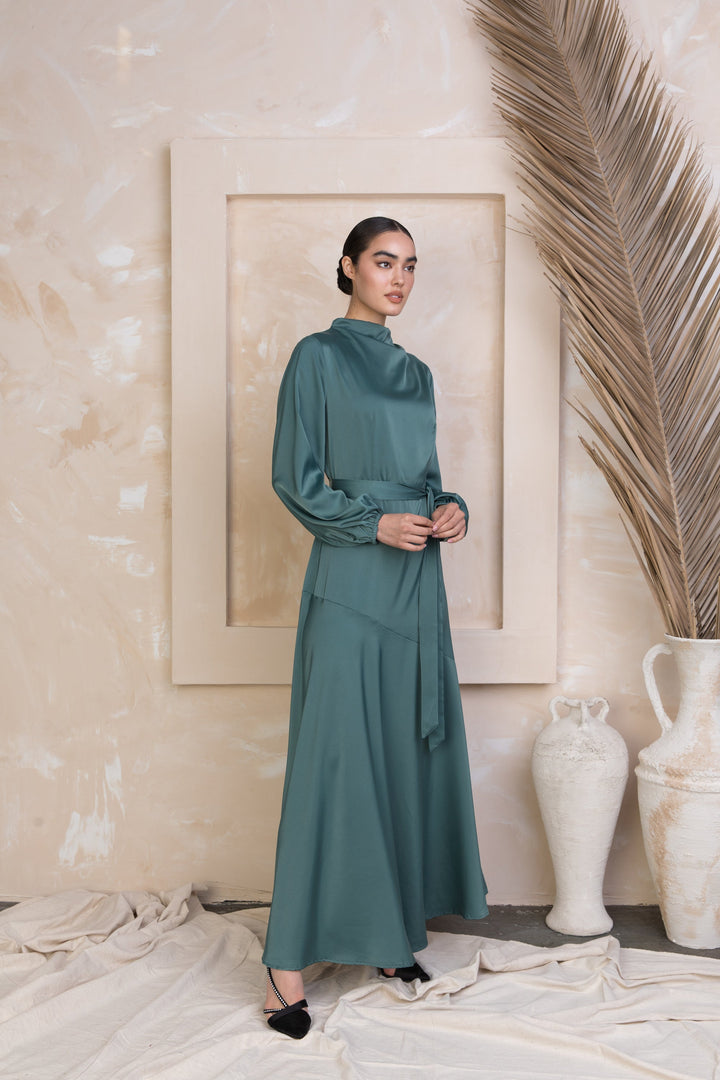 Urban Modesty - Forest Green Satin Long Sleeve Maxi Dress