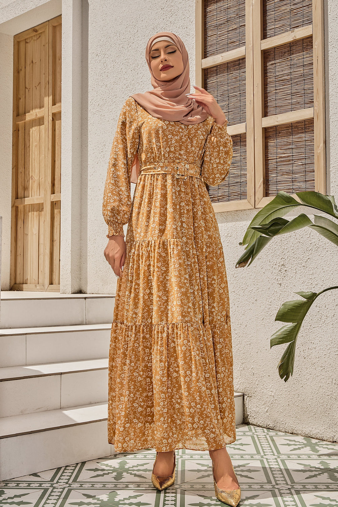 Urban Modesty - Golden Floral Tiered Maxi Dress With Sleeves