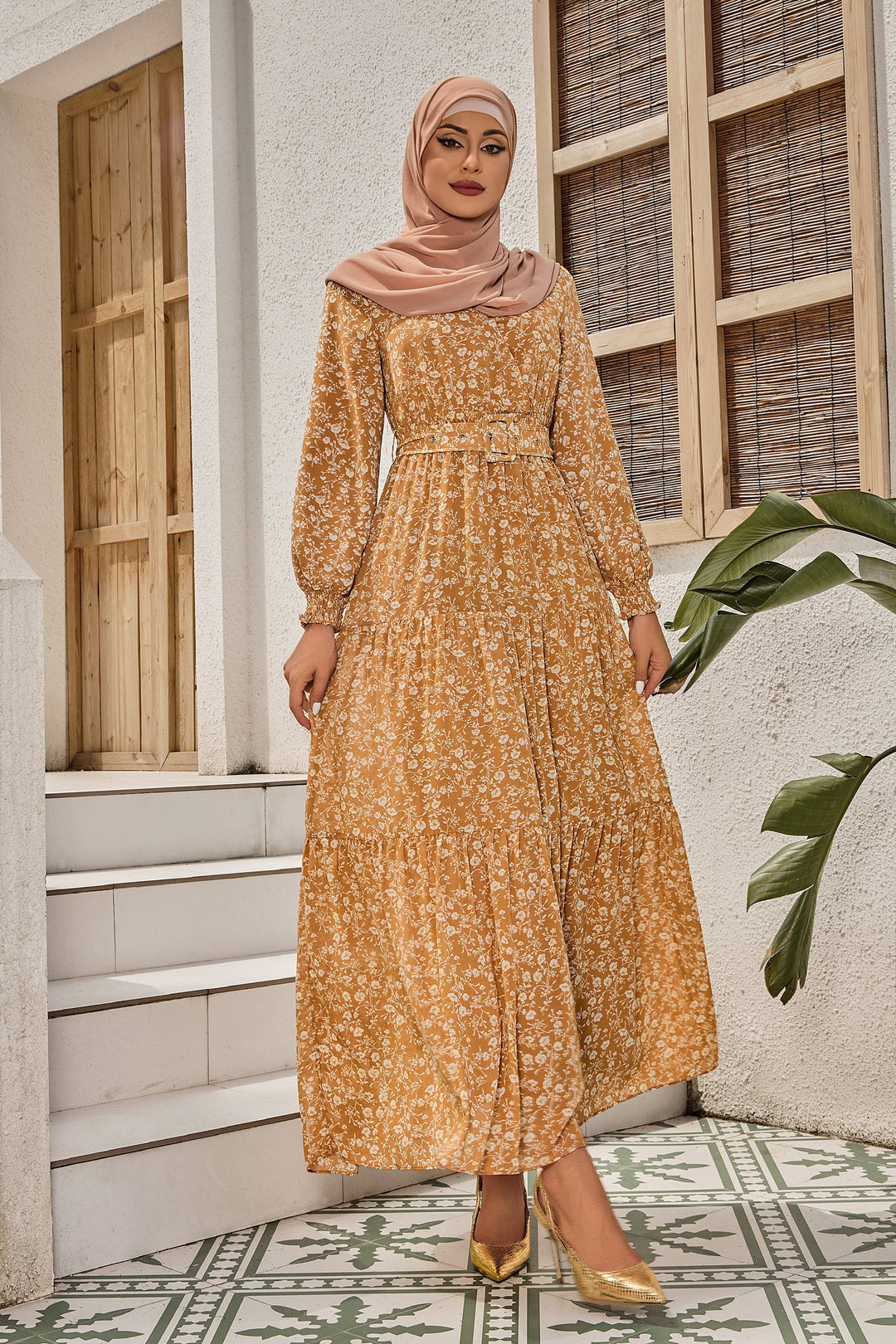 Urban Modesty - Golden Floral Tiered Maxi Dress With Sleeves