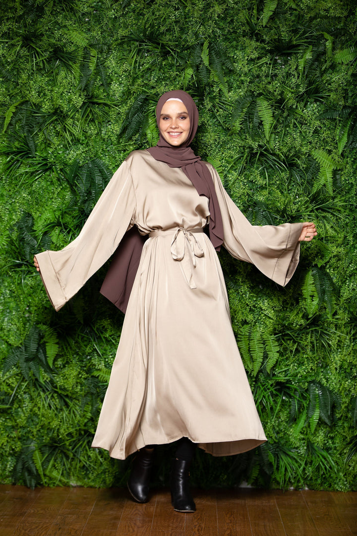 Urban Modesty - Golden Haze Satin Kimono Sleeves Maxi Abaya Dress-CLEARANCE
