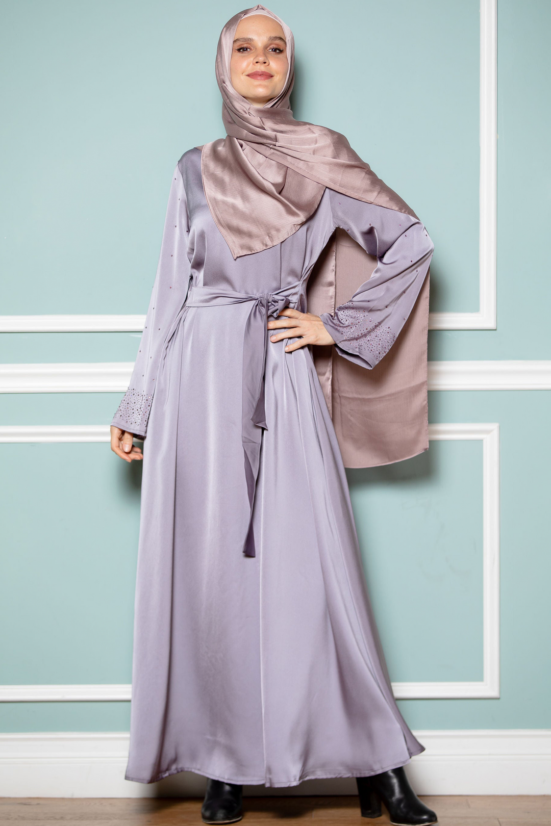 Urban Modesty - Gray Beaded Satin Long Sleeve Maxi Dress