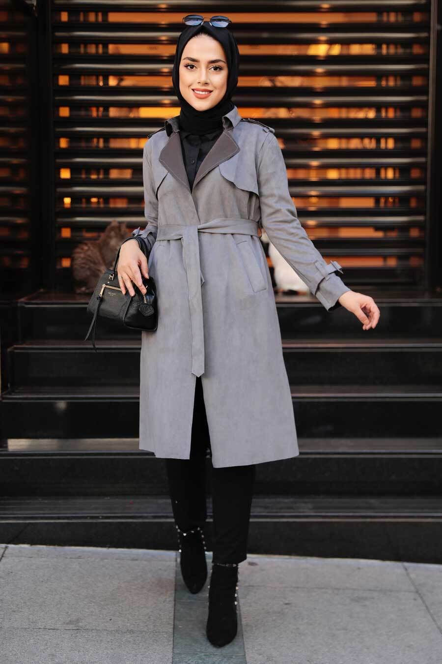 Urban Modesty - Gray Collared Belted Modest Coat- Clearance