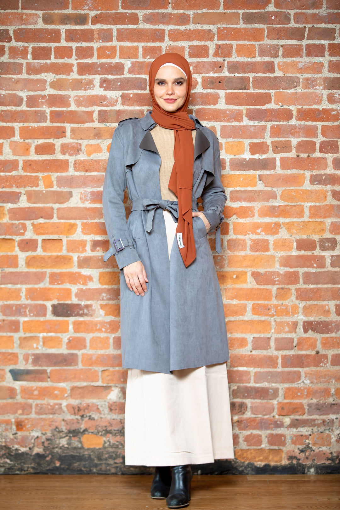 Urban Modesty - Gray Collared Belted Modest Coat- Clearance