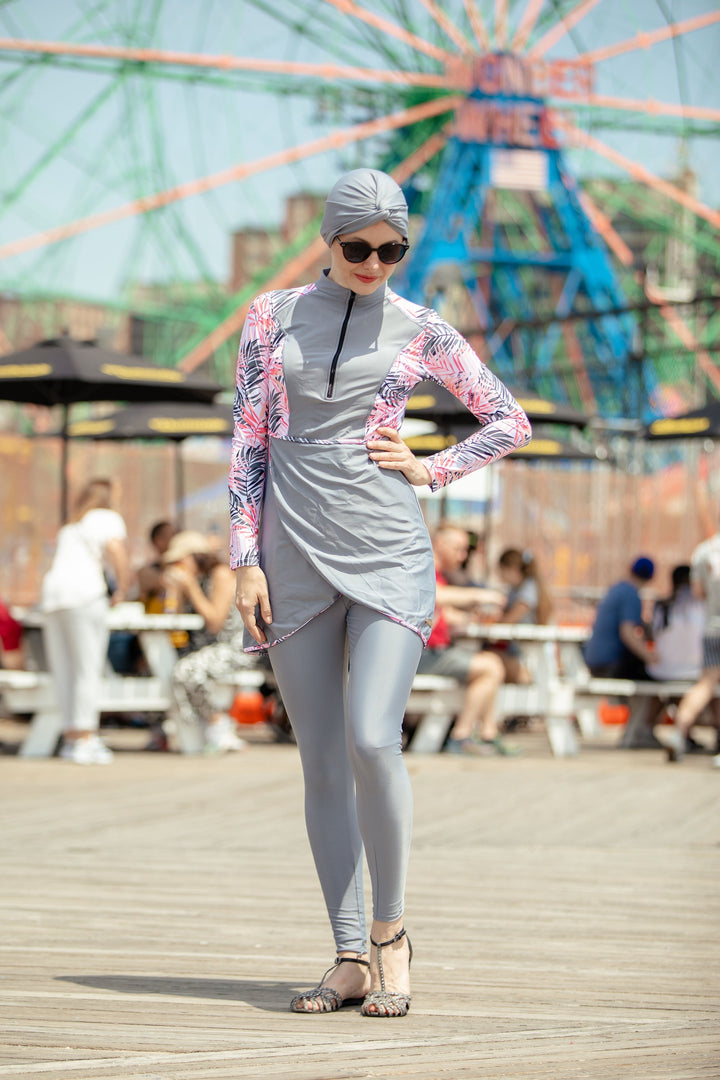 Urban Modesty - Gray Floral 3 Piece Modest Swimsuit