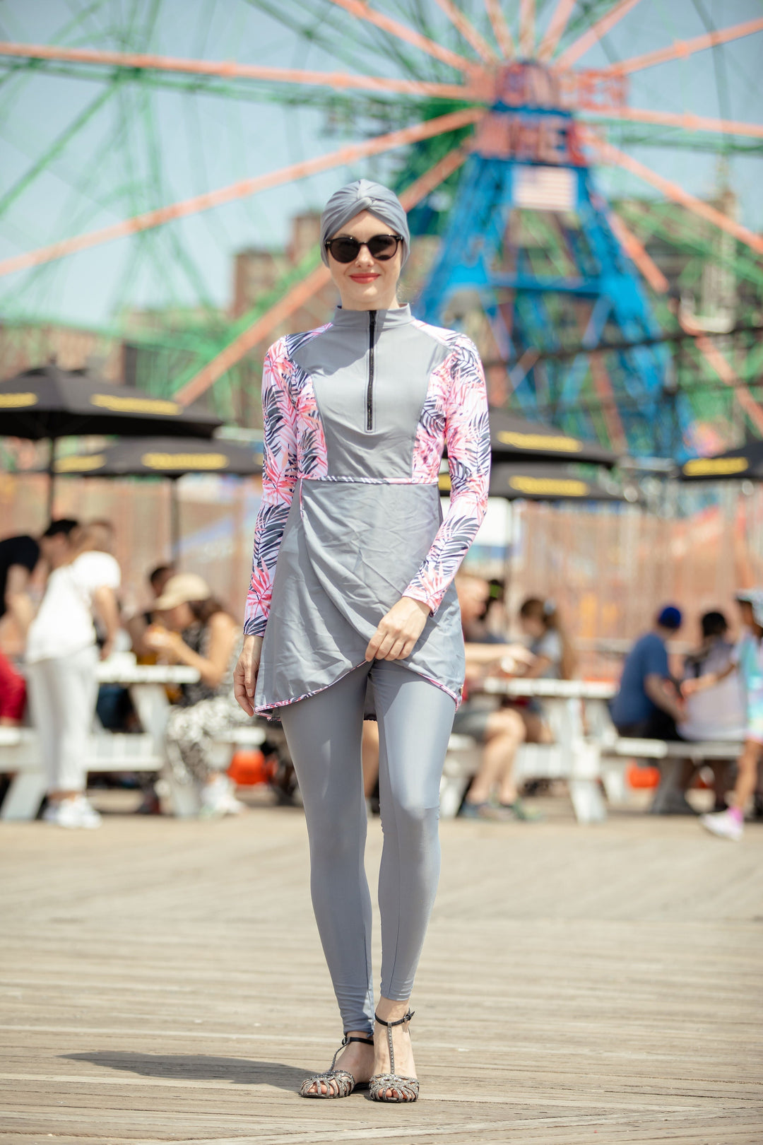 Urban Modesty - Gray Floral 3 Piece Modest Swimsuit