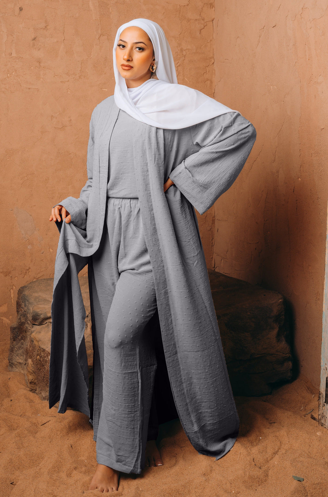 Urban Modesty - Gray Four Piece Pants Abaya set