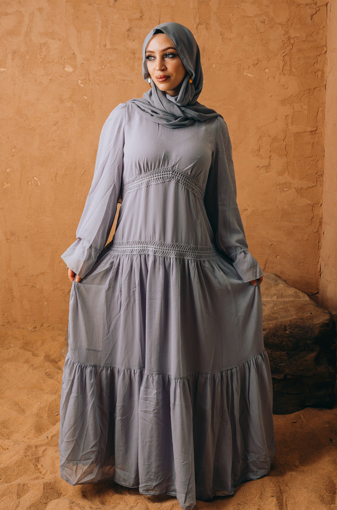 Urban Modesty - Gray Lace Empire Waist Tiered Maxi Dress
