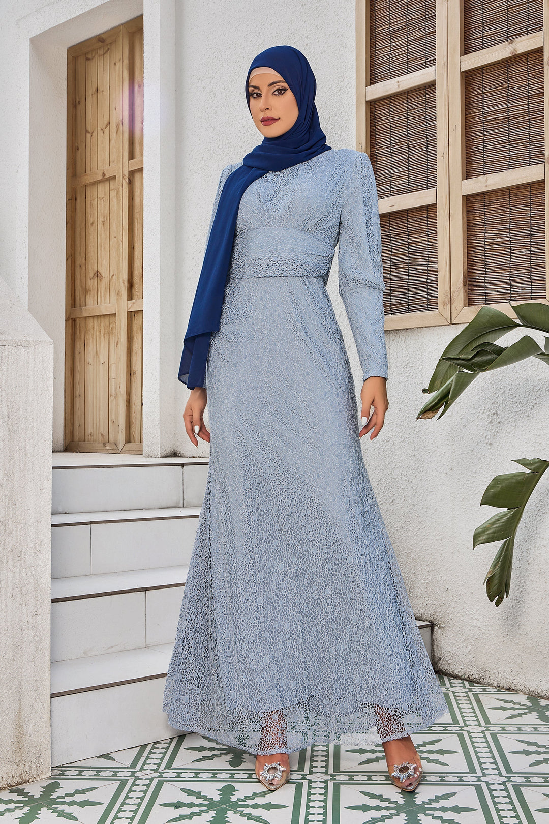 Urban Modesty - Gray Lace Ruched Waist Long Sleeve Gown