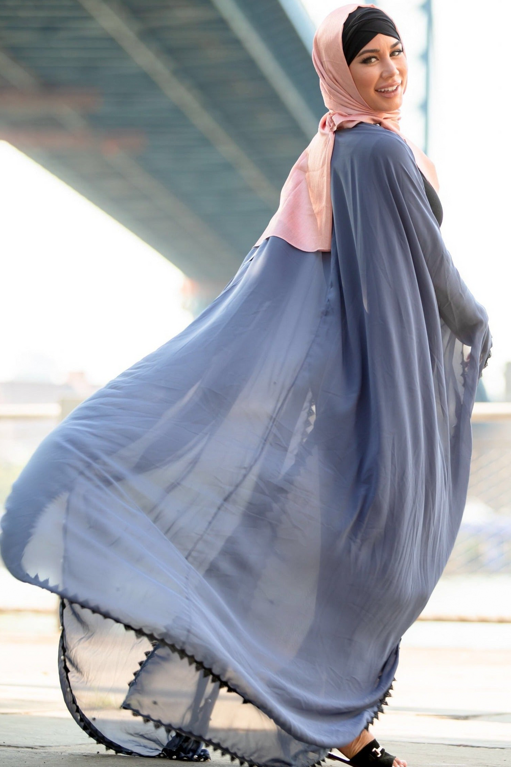 Urban Modesty - Gray Pearl and Lace Trim Open Front Abaya Caftan