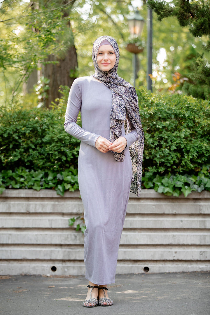 Urban Modesty - Gray Ribbed Jersey Long Sleeve Maxi Dress