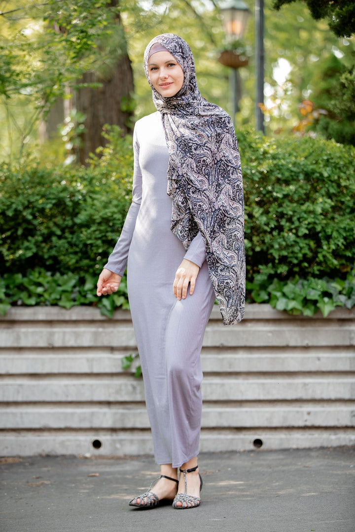Urban Modesty - Gray Ribbed Jersey Long Sleeve Maxi Dress