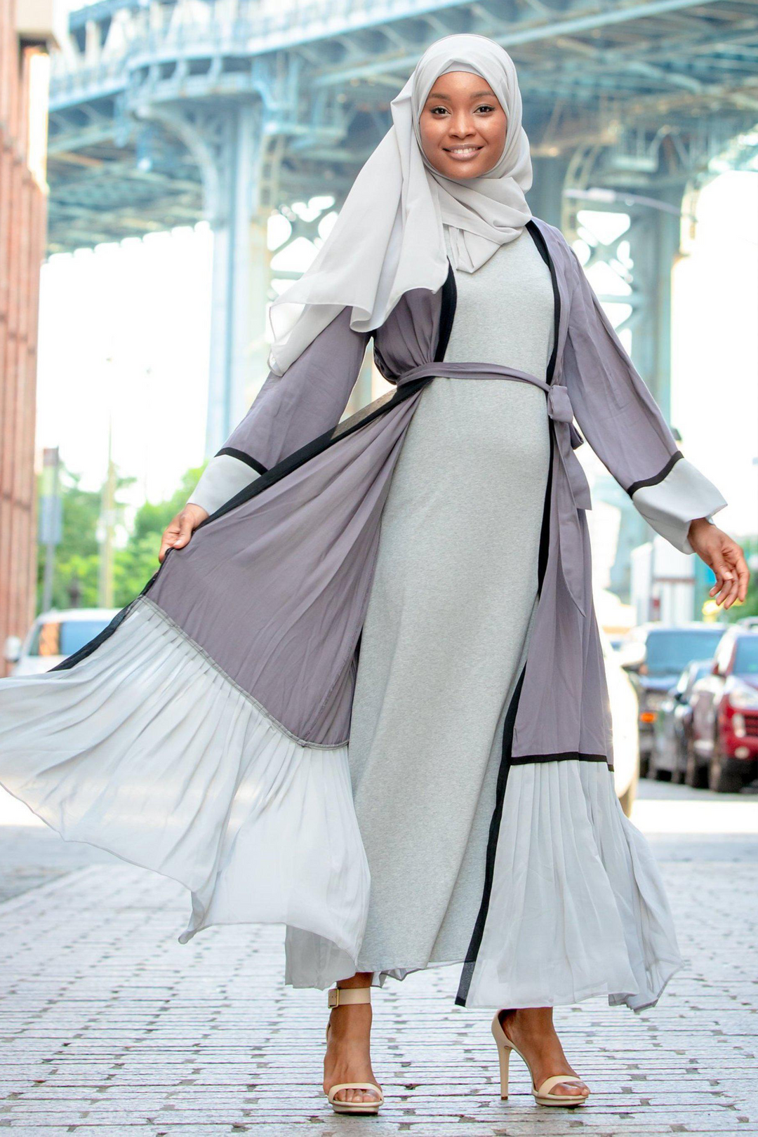 Urban Modesty - Gray Ruffle Open Front Abaya