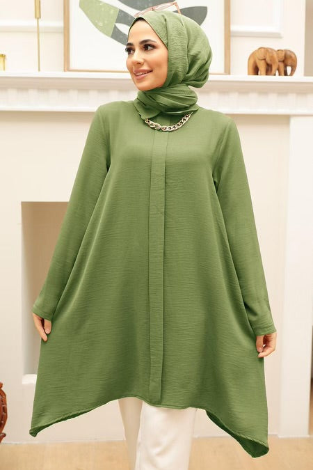 Urban Modesty - Green Button Down Chain Necklace Tunic