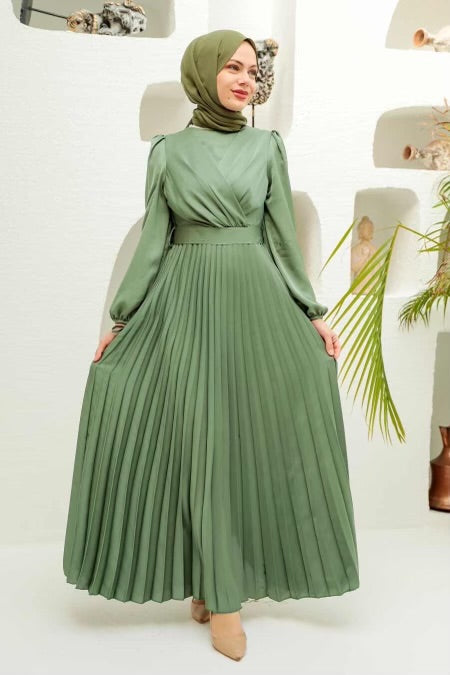 Urban Modesty - Green Criss Cross Pleated Satin Gown