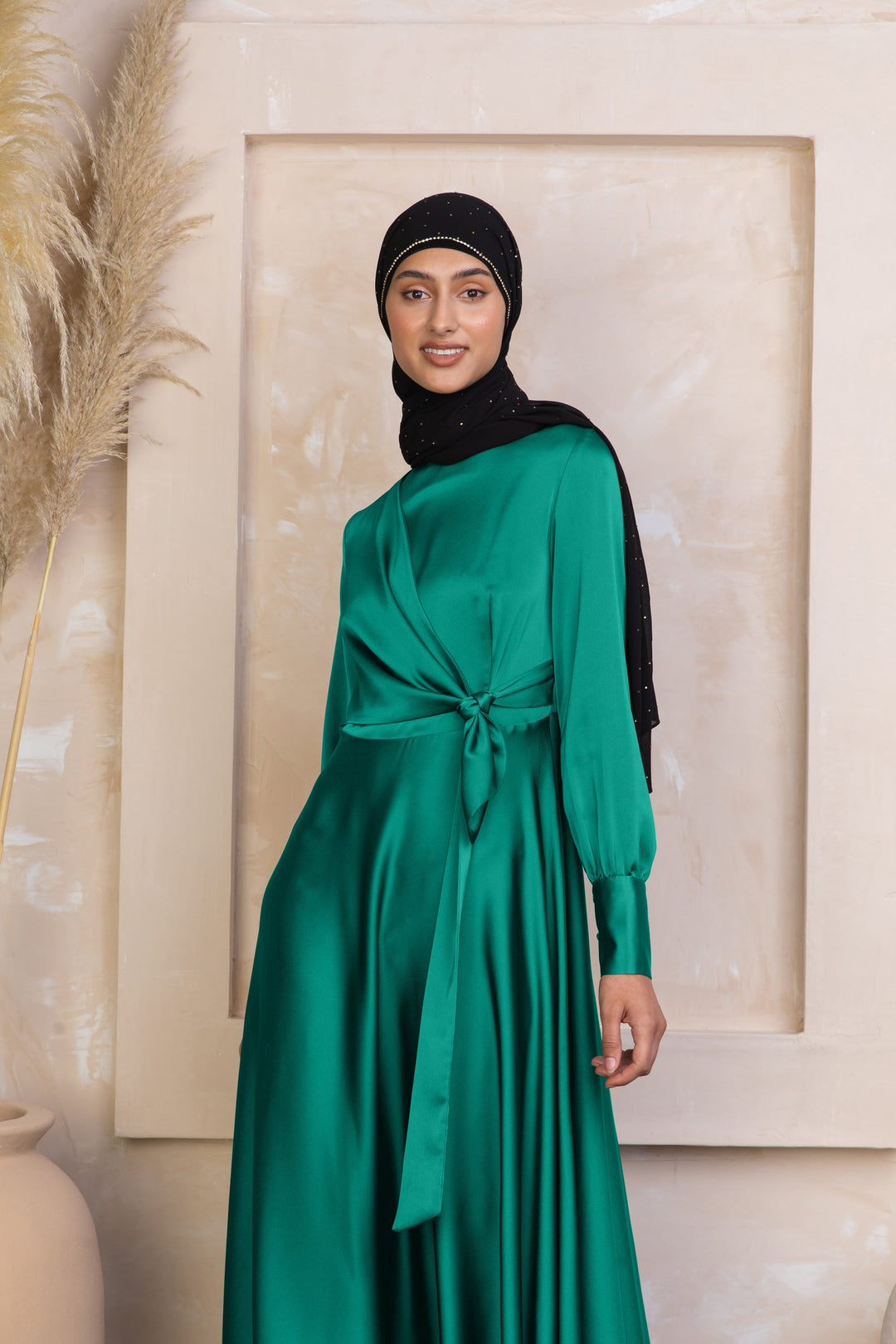 Urban Modesty - Green Diana Side Knot Satin Gown