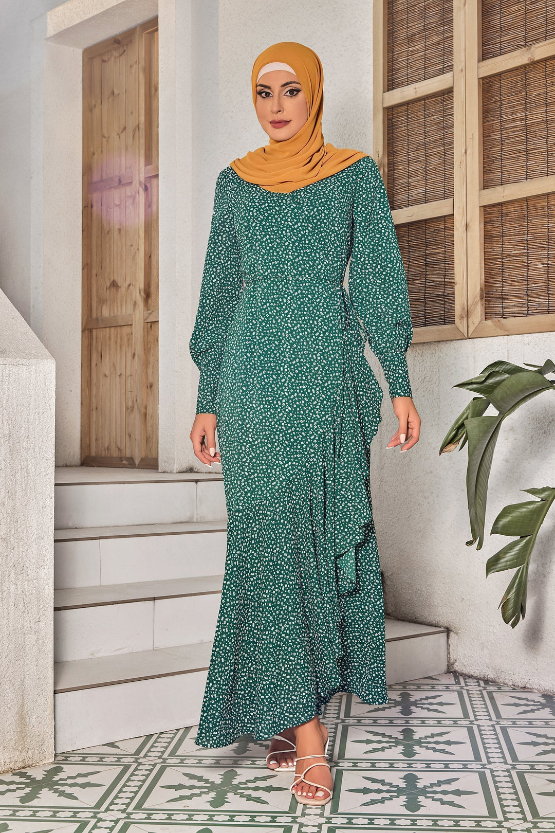 Urban Modesty - Green Dotted Cuff Wrap Maxi Dress