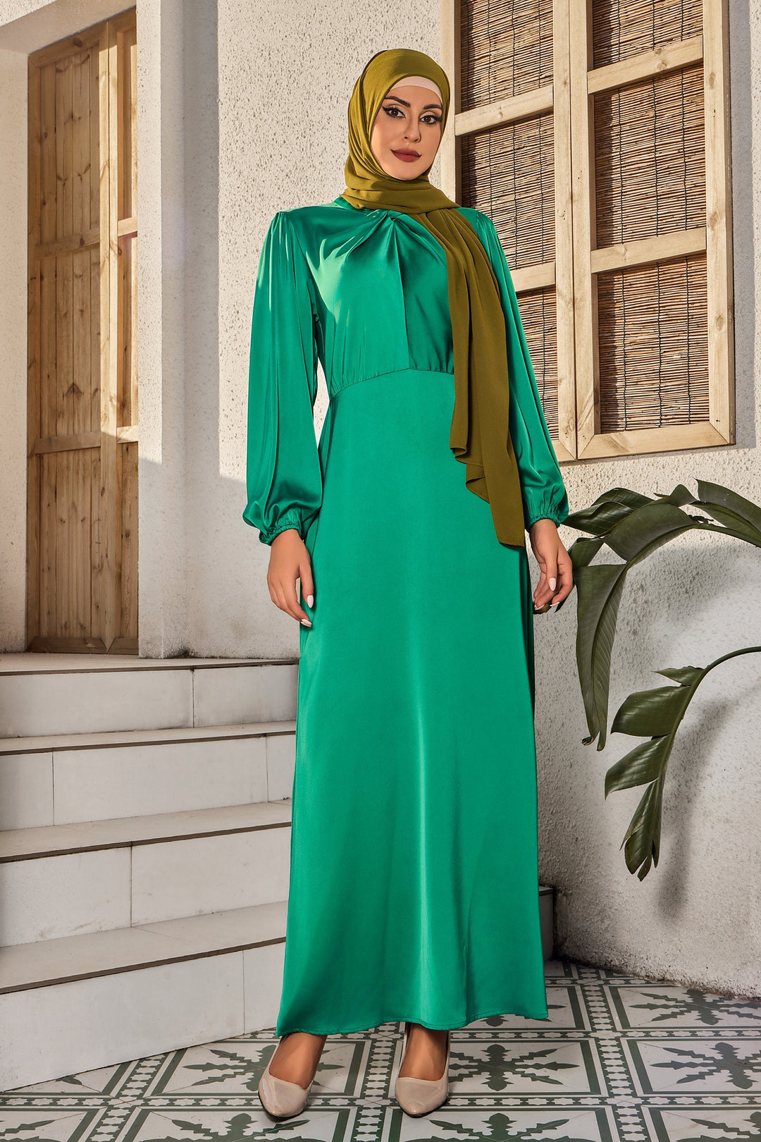 Urban Modesty - Green Knot Criss Cross Satin Dress