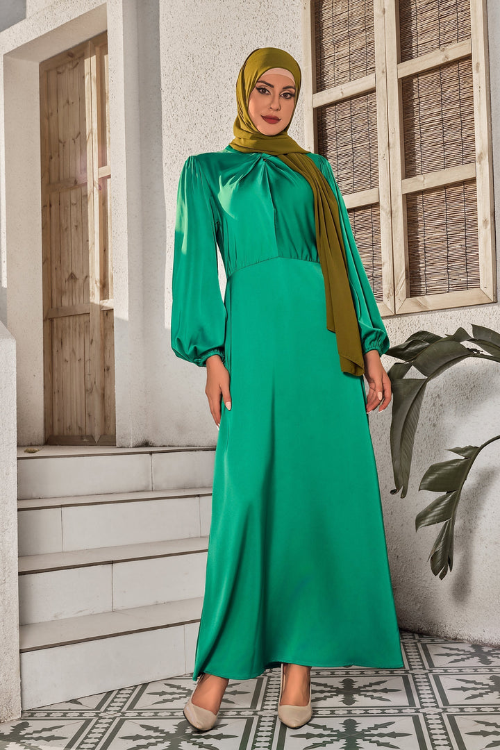 Urban Modesty - Green Knot Criss Cross Satin Dress-CLEARANCE