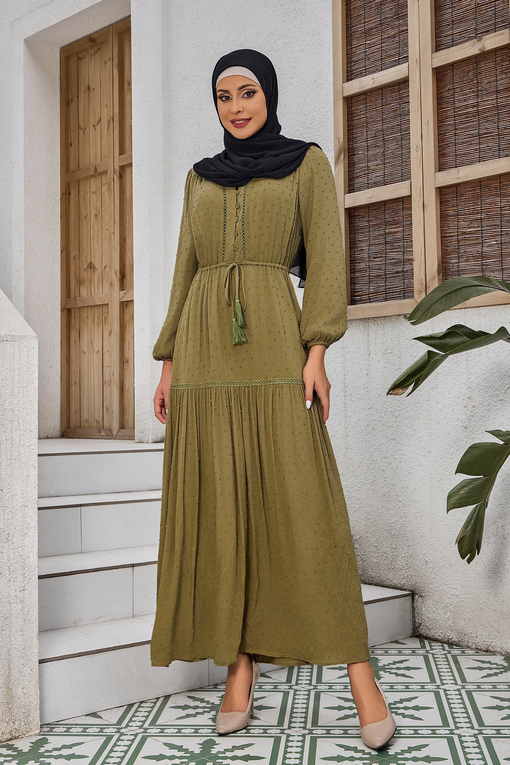 Urban Modesty - Green Lace Tiered Boho Drawstring Long Sleeve Maxi Dress