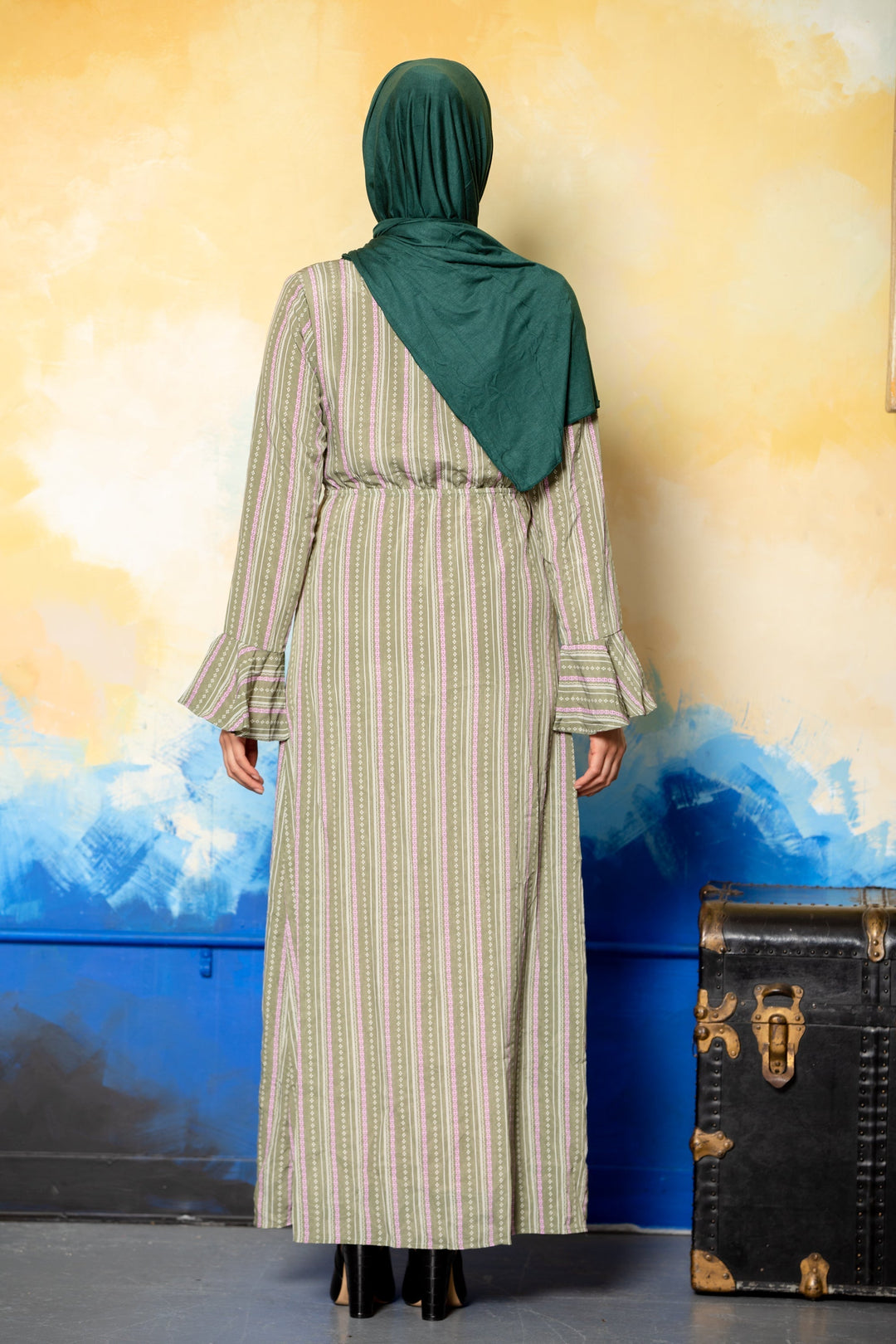 Urban Modesty - Green Multi Striped Ruffle Sleeve Sheer Maxi Cardigan - Clearance
